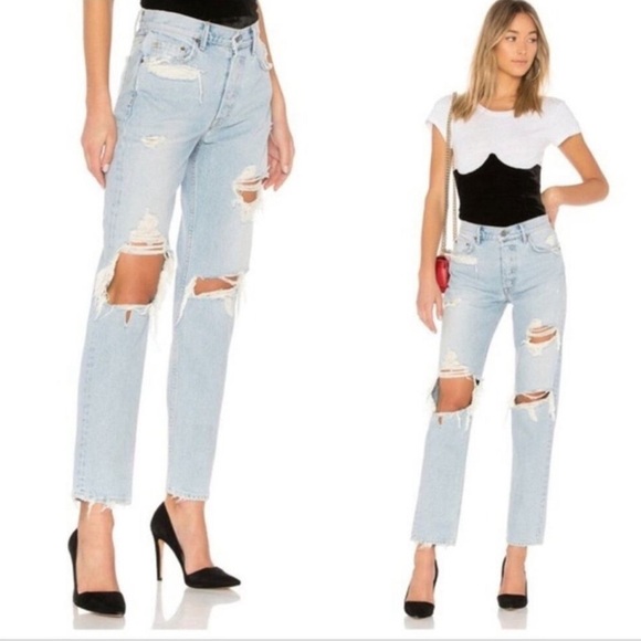 NWT GRLFRND Helena High Rise Straight Jean Jaggar Wash Sz 24 Distressed Denim - Picture 1 of 8